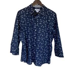 Foxcroft Easy Care Navy Blue with White Birds 3/4 Sleeve Button Down - XL